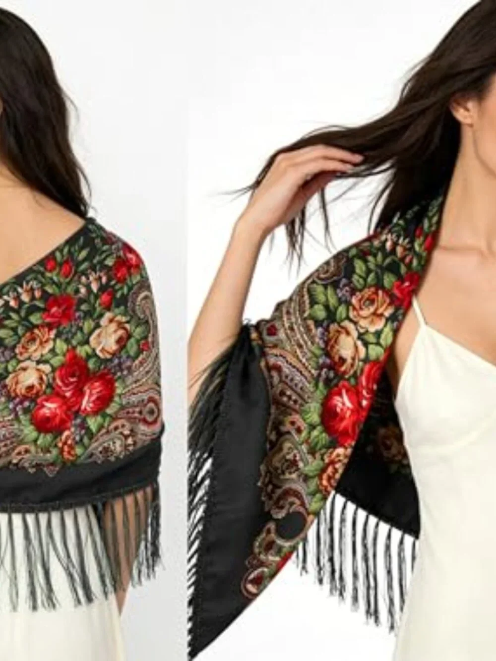 Russian Style Scarf Wrap Shawl with Tassels, Cotton Polyester, Lightweight,